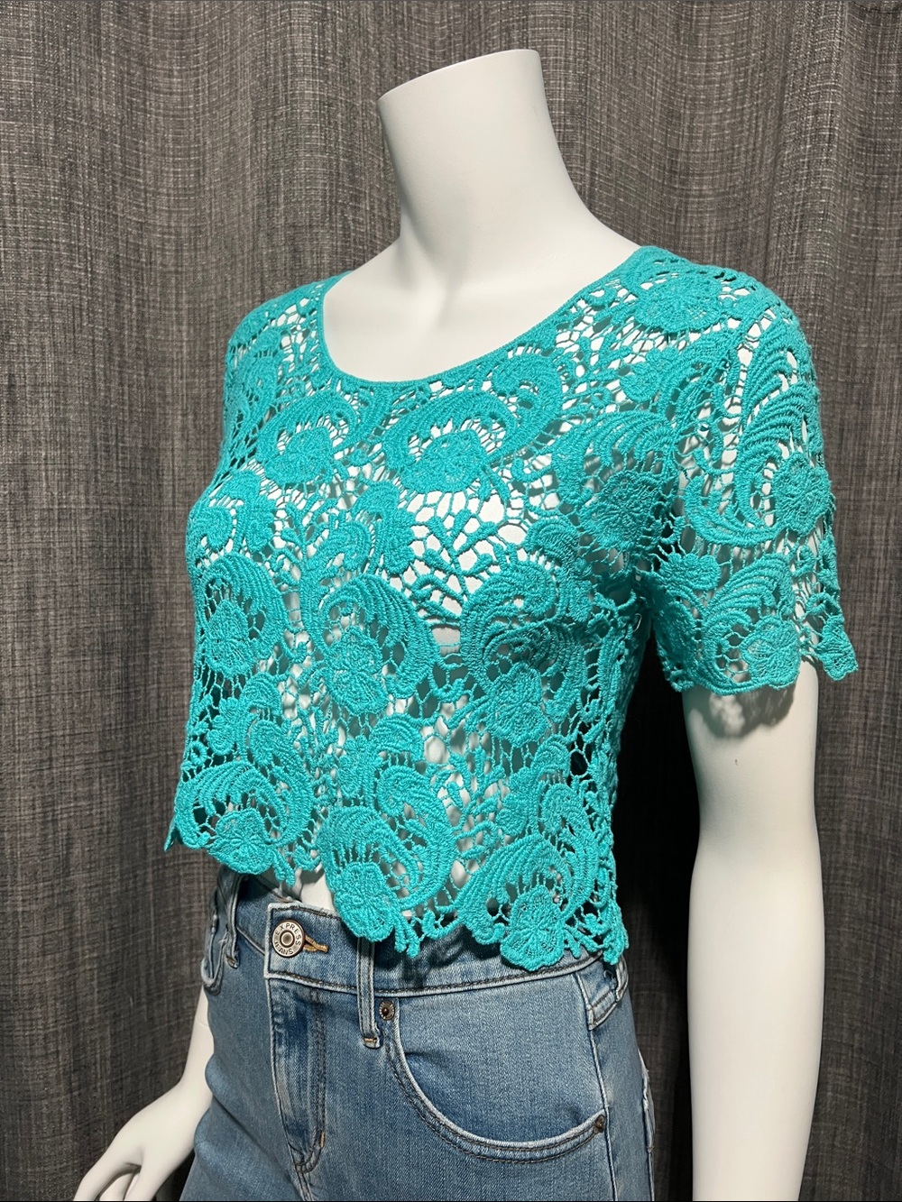 Say What? 100% Cotton Turquoise Aqua Crochet Lace Top  Small